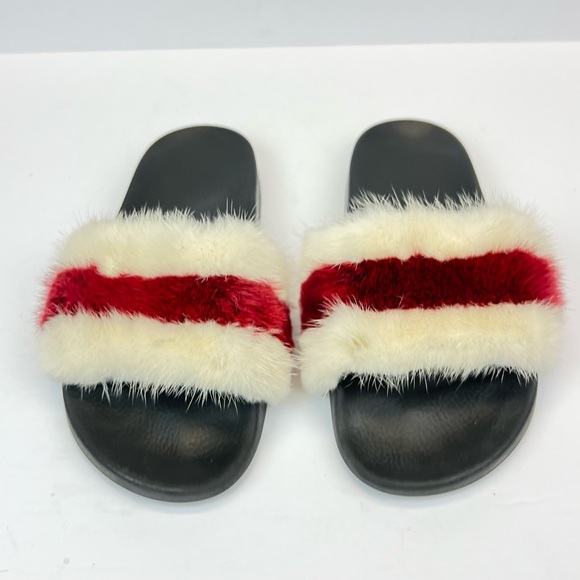 Givenchy Red and White Mink Fur Slide Sandals Size 8 - Picture 1 of 11